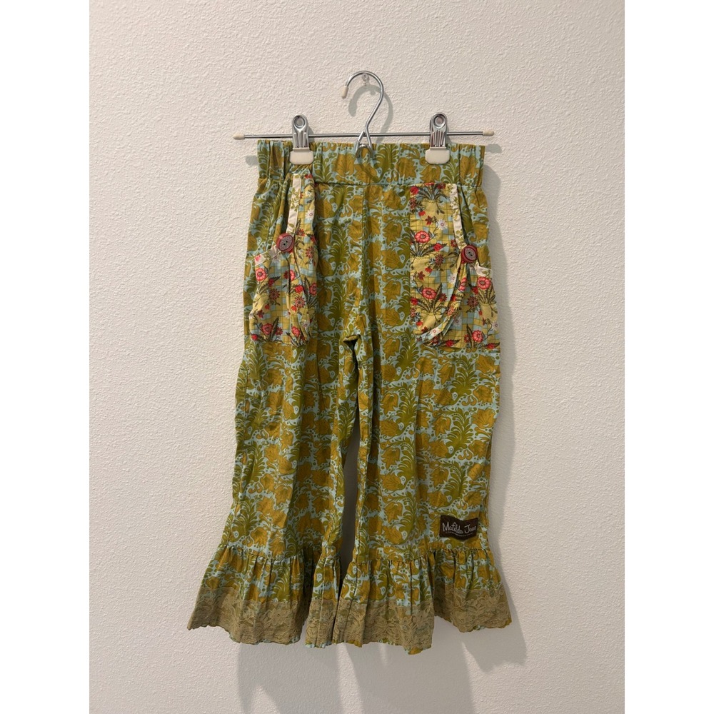 Matilda Jane Serendipity Girls Mustard Blue Damask Ruffle Lace Trim Pants Size 8